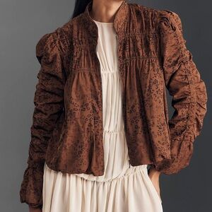 Anthropologie Leopard Ruched Brown Bomber Jacket
